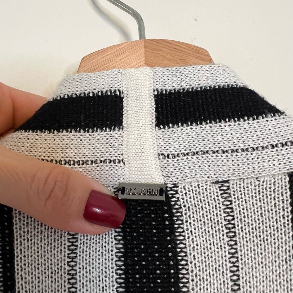 St. John Wool Cashmere Blend Open Front Cardigan Sweater Black White Stripe Sz S - Picture 7 of 10
